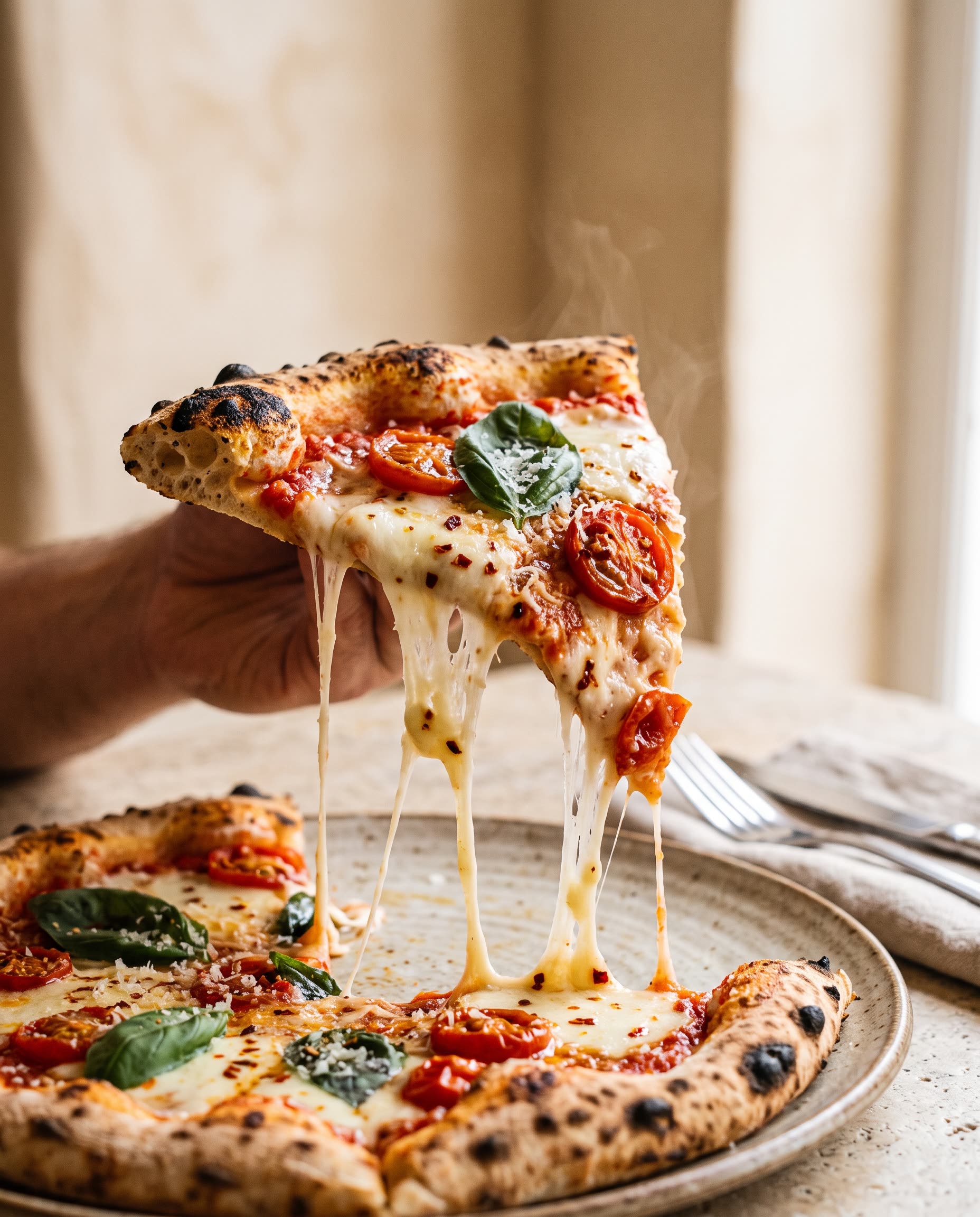 Frissen sült, vékony tésztás Pinocchio pizza, nyúlós mozzarellával és bazsalikommal